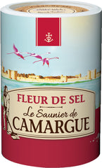 Le Saunier De Camargue tub front view showing brand and resealable lid, preserves freshness