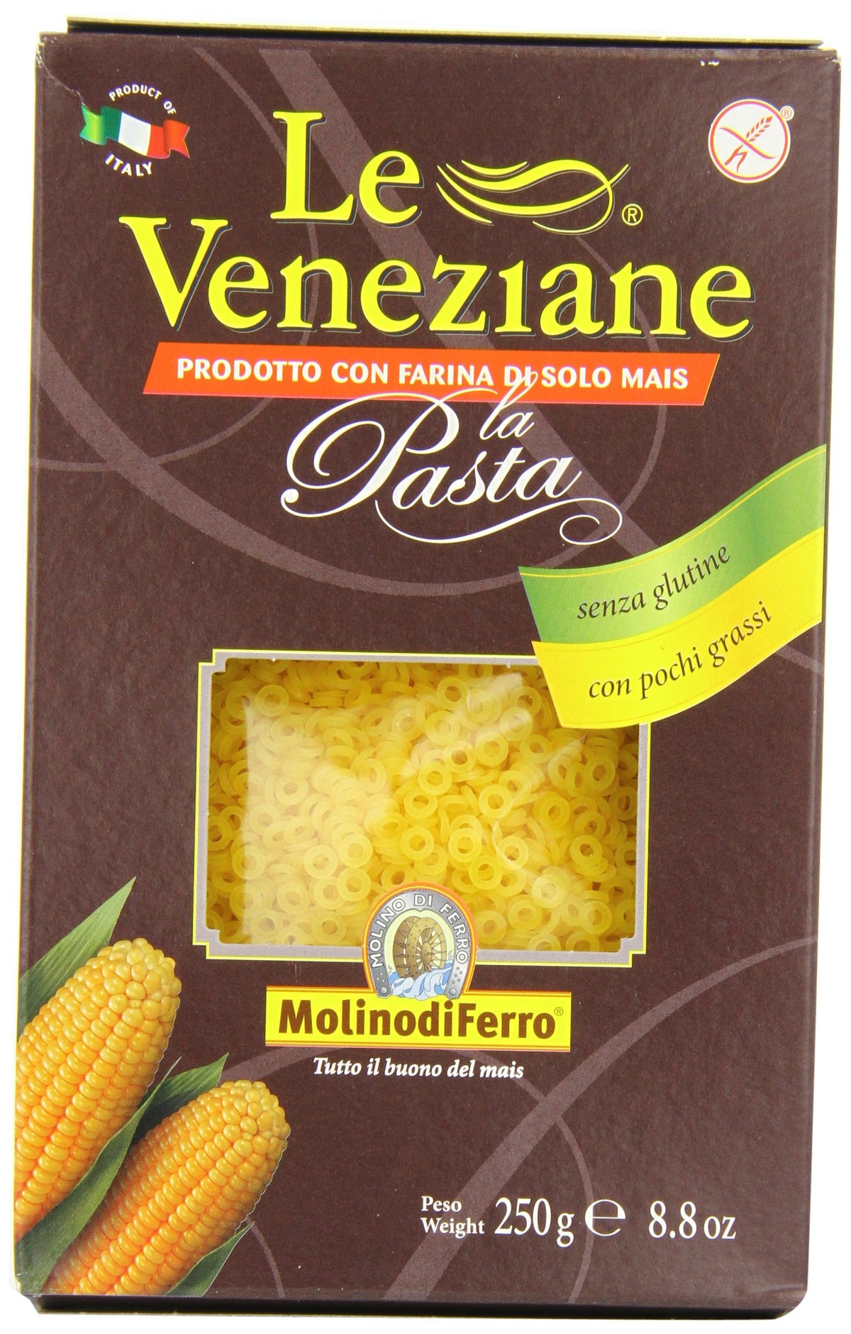 Le Veneziane front packaging showing four 8.8 oz gluten-free bags for pantry convenience