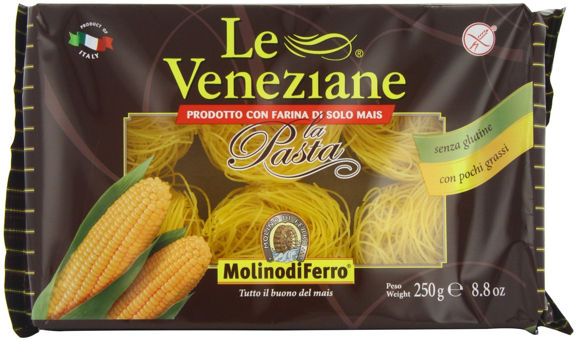 Le Veneziane front packaging showing corn capellini and pack details for pantry convenience