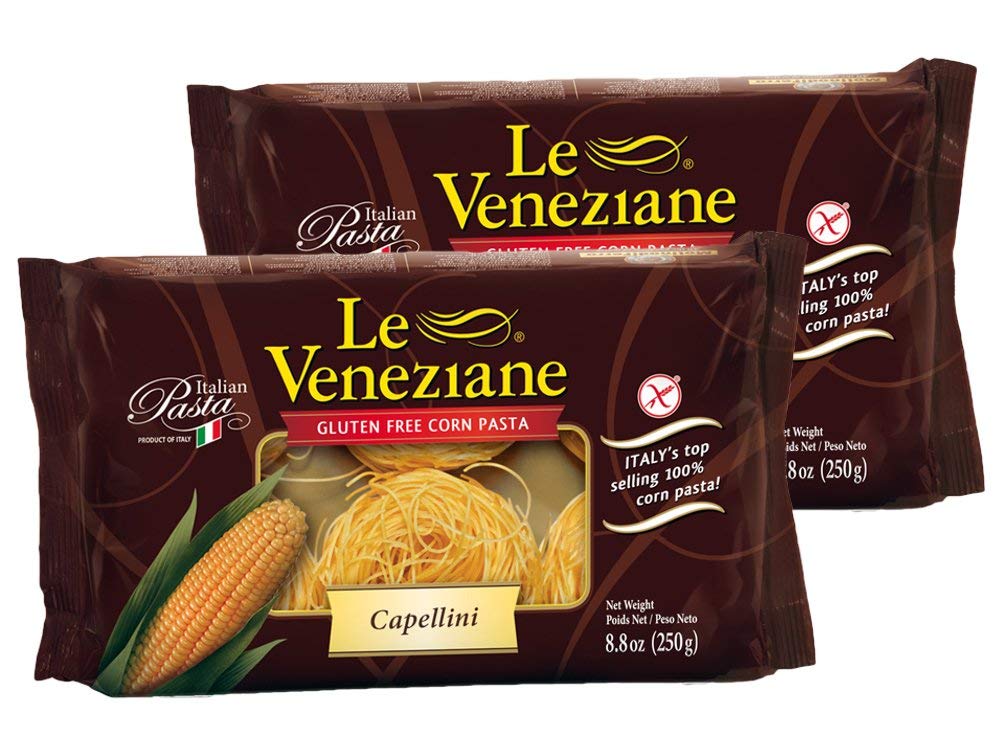 Le Veneziane capellini front packaging showing gluten-free label and delicate thin strands for quick meals
