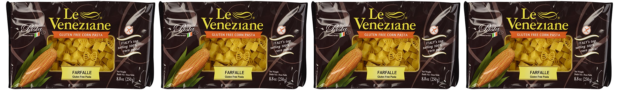 Le Veneziane front packaging showing gluten-free farfalle and product details for easy selection