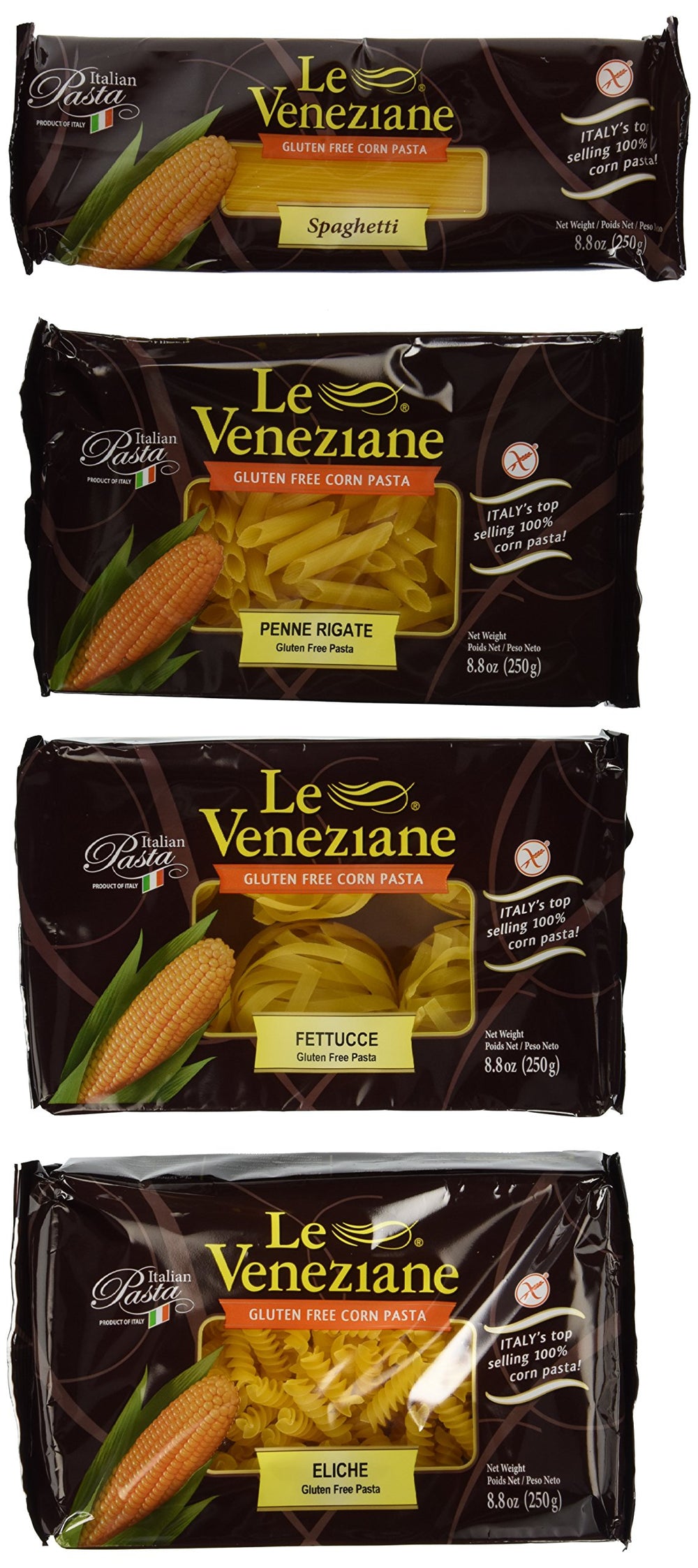 Le Veneziane front packaging showing gluten-free corn pasta, clear labeling and variety benefits
