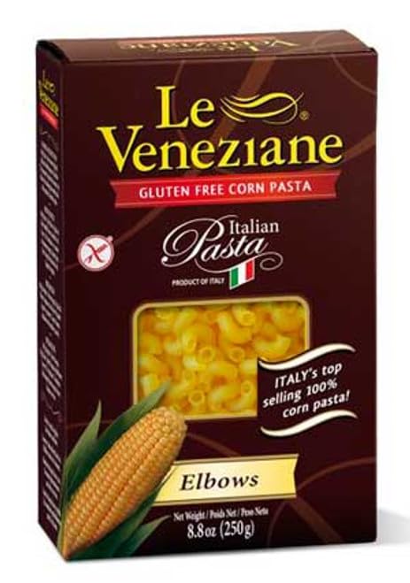 Le Veneziane front packaging showing gluten-free Italian elbows, clear label for easy meal planning