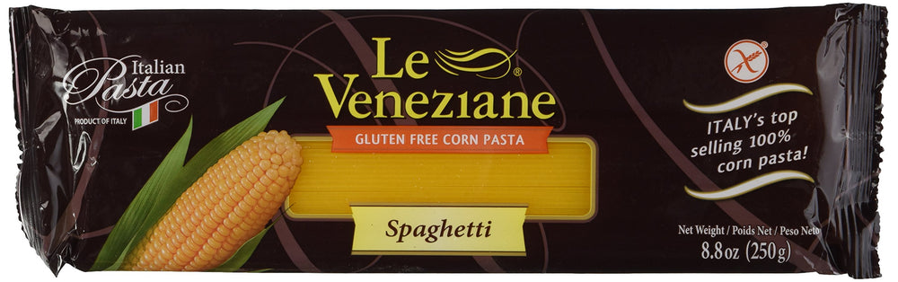 Le Veneziane front packaging showing gluten-free spaghetti and clear product view for confidence