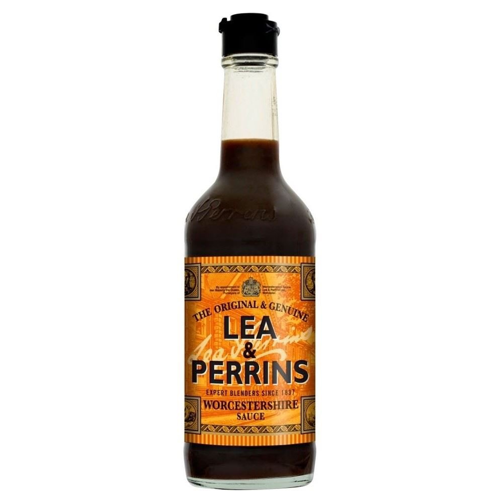 Lea & Perrins bottle front view showing label and classic glass, boosts savory flavor