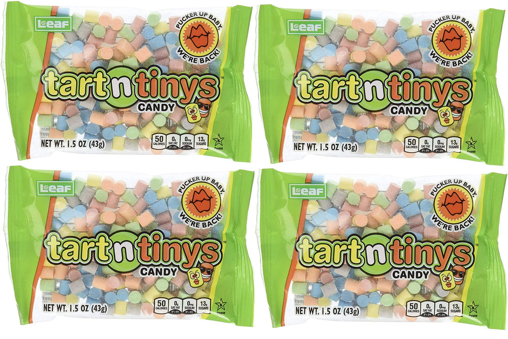 Leaf Brands Tart n Tinys front pouch showing colorful candies and portable convenience