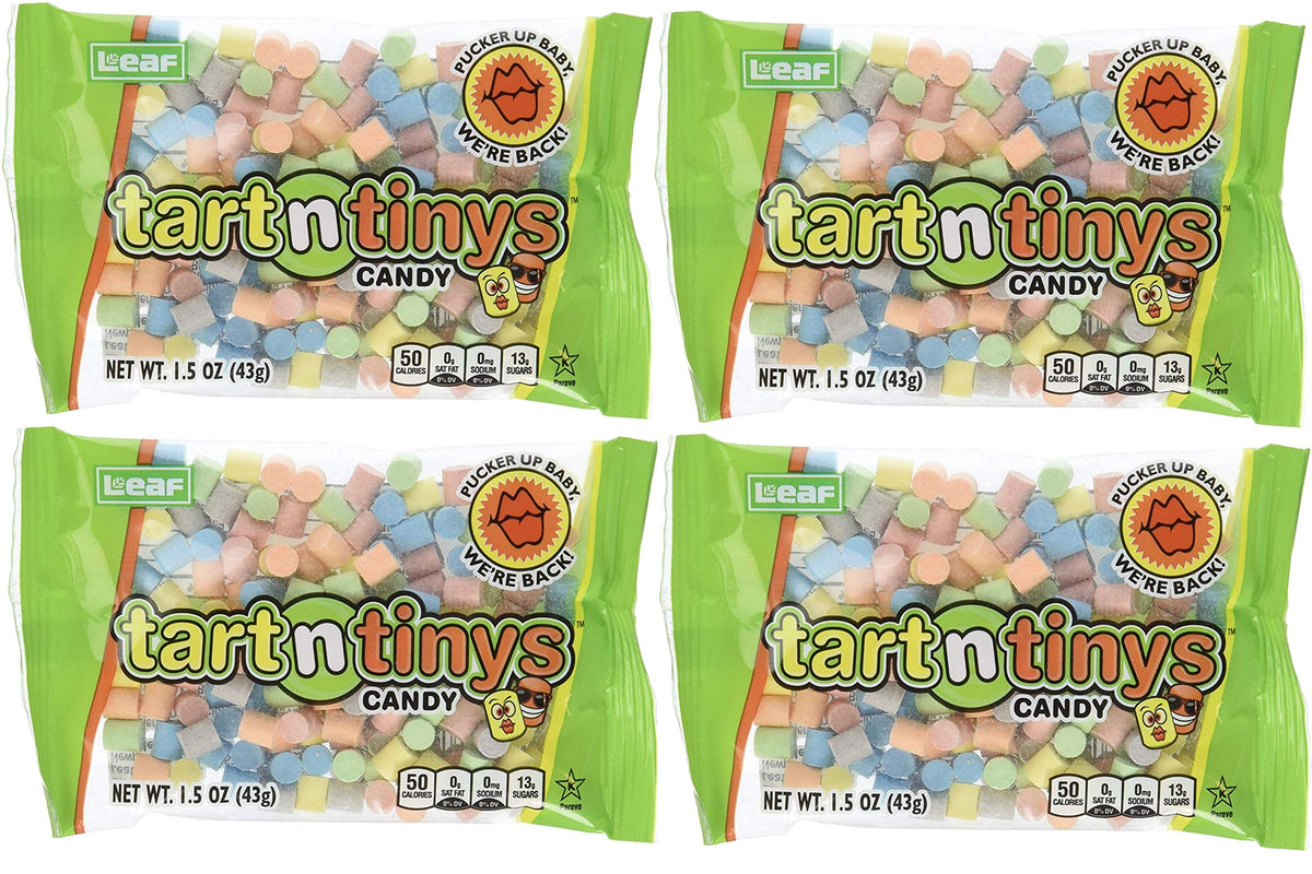 Leaf Brands Tart n Tinys front pouch showing colorful candies and portable convenience