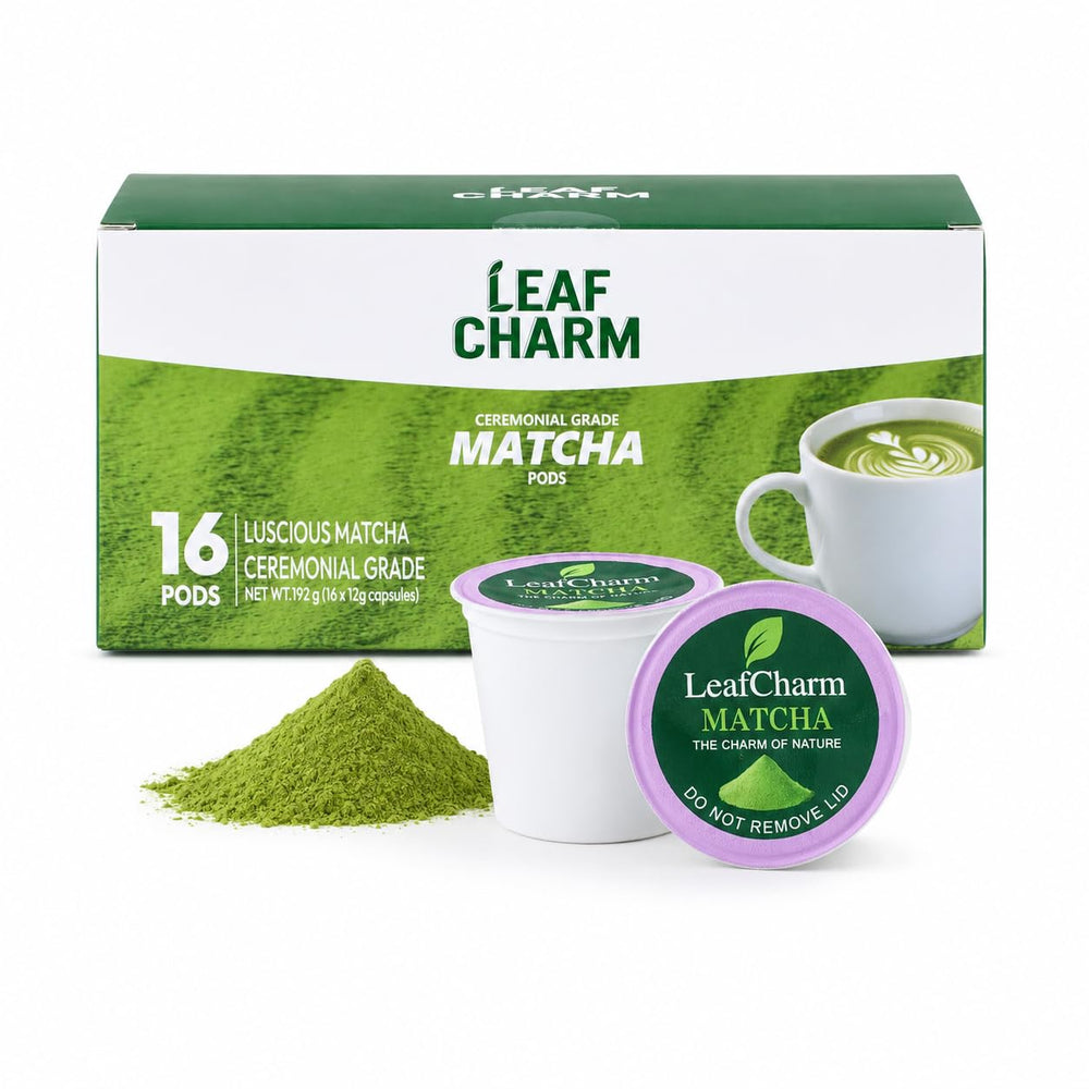 LeafCharm front packaging showing 16-count pack and convenient single-serve brewing benefit