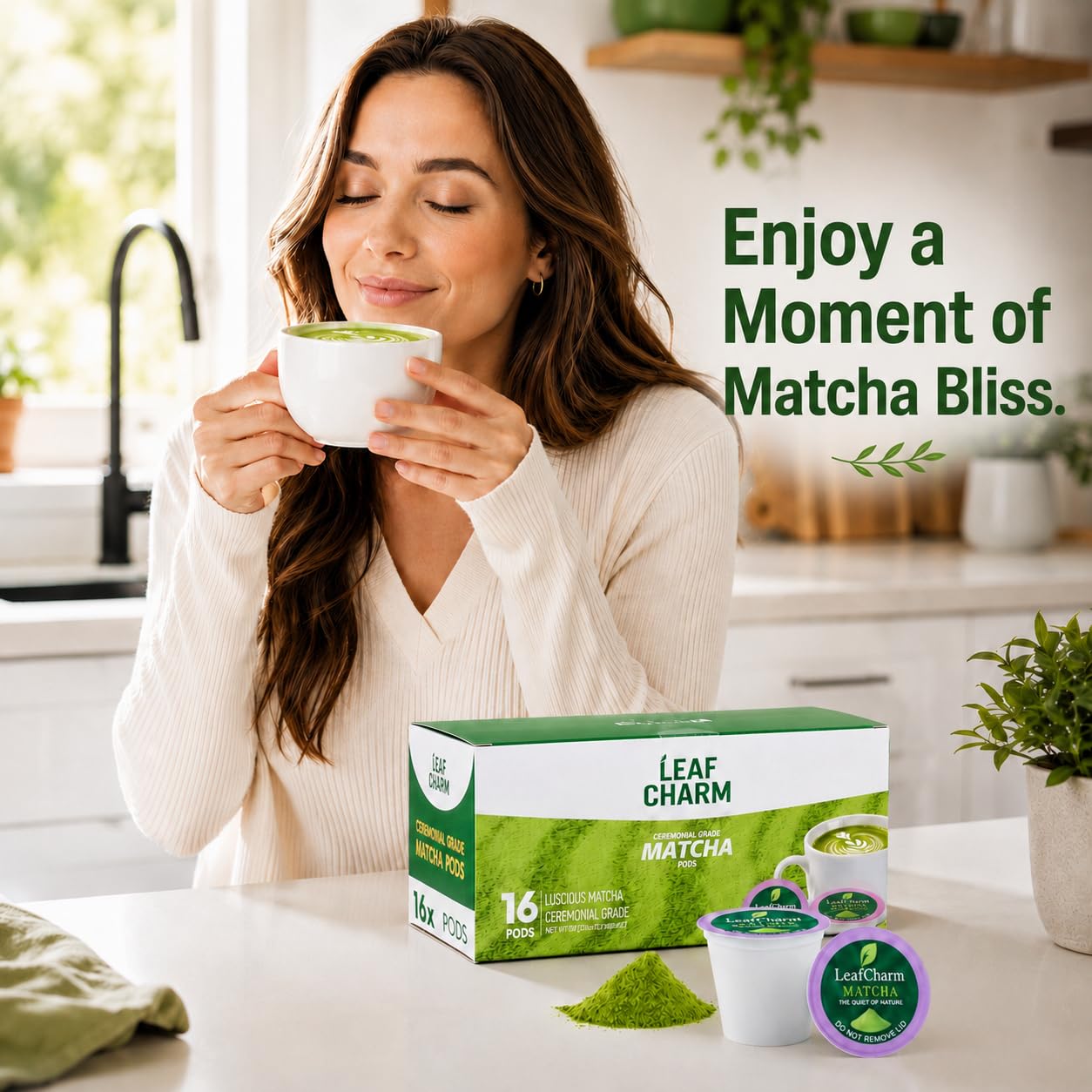 LeafCharm matcha on breakfast table lifestyle shot showing simple morning ritual benefit