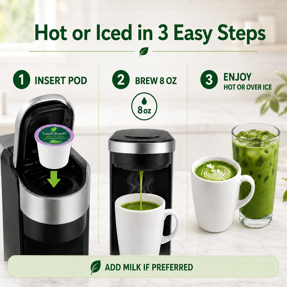 LeafCharm poured over ice showing iced matcha option and refreshing cold beverage benefit