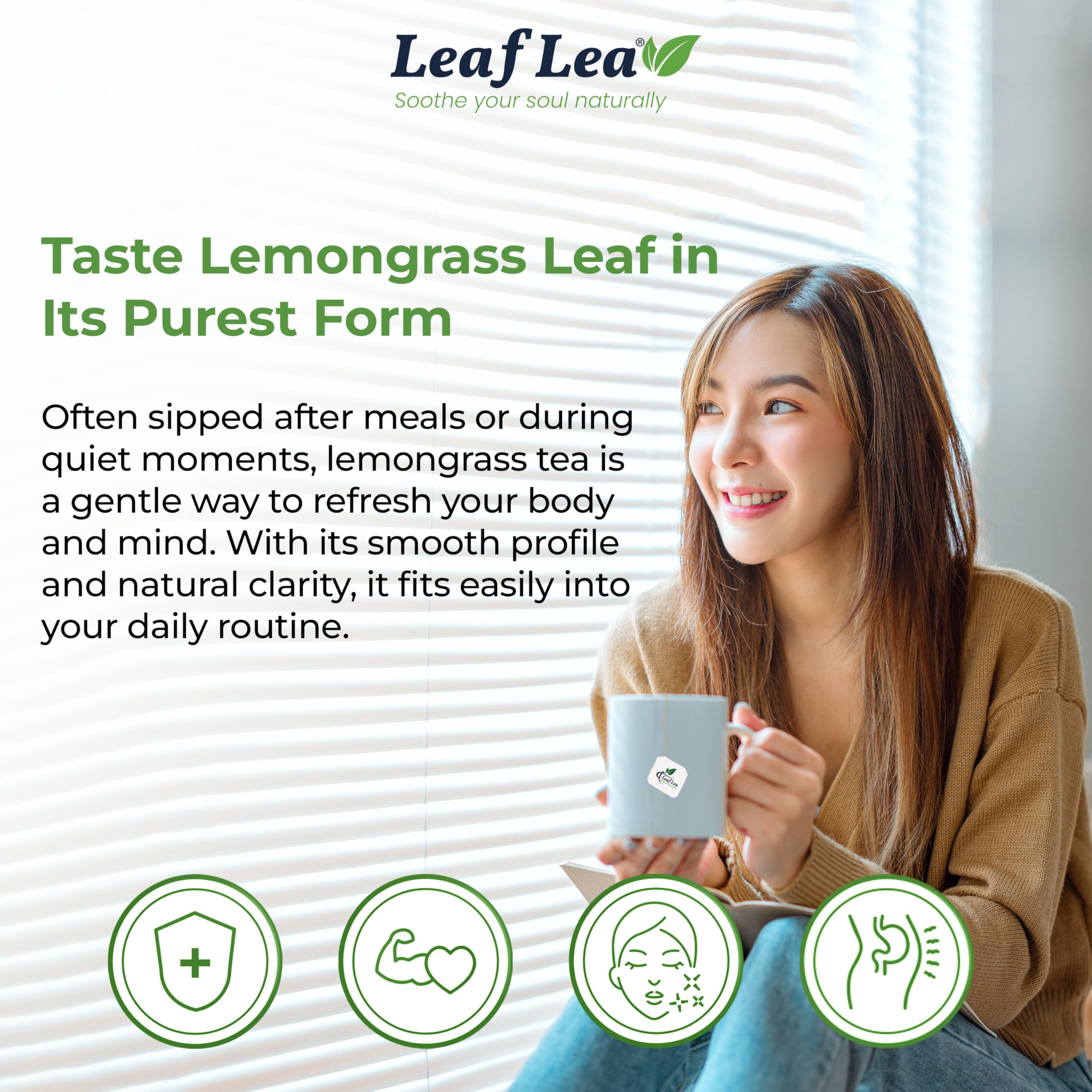 LeafLea brewed cup with golden lemongrass color offering bright flavor