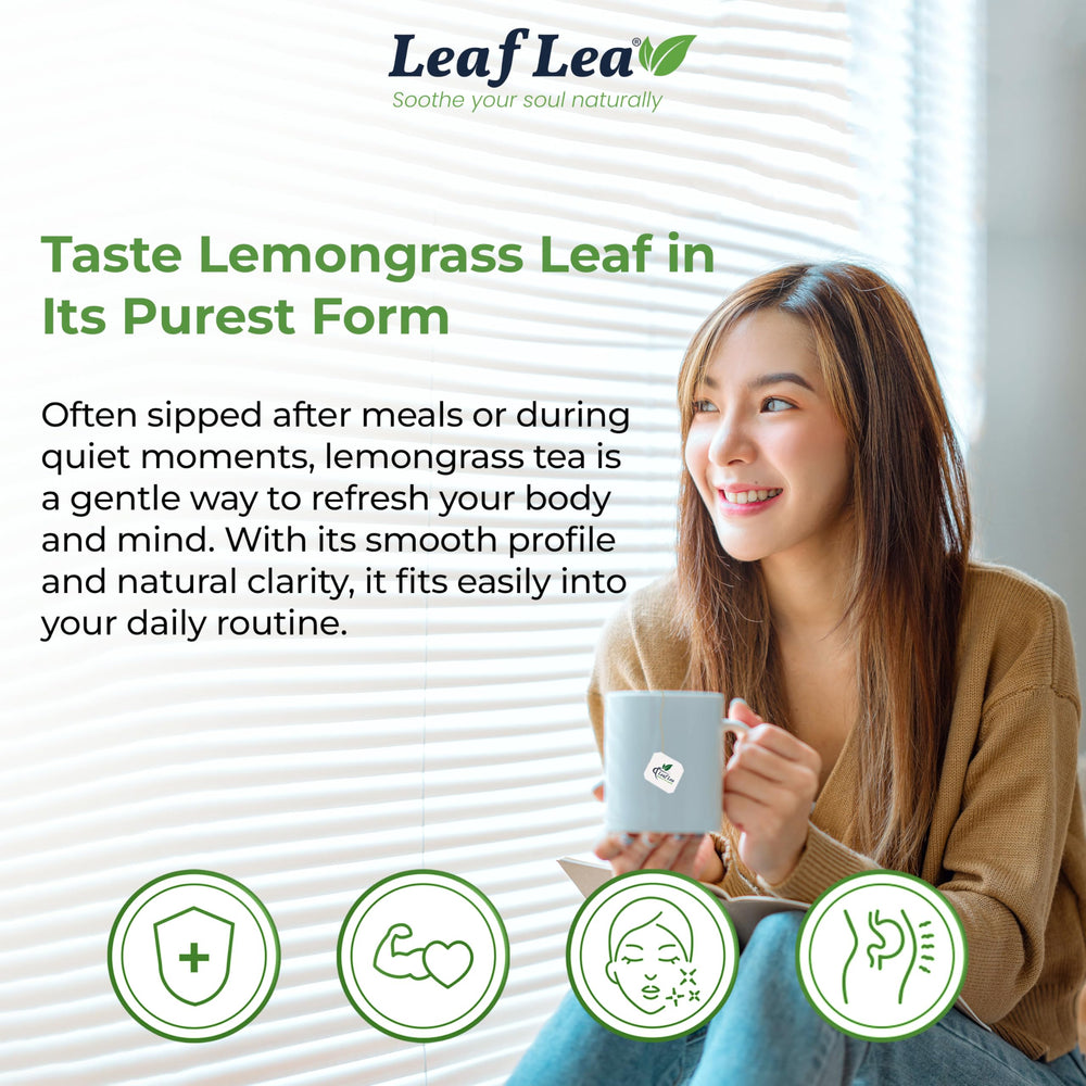 LeafLea brewed cup with golden lemongrass color offering bright flavor