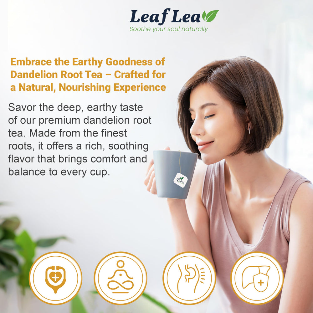 LeafLea brewed hot dandelion tea in cup offering warming aromatic comfort