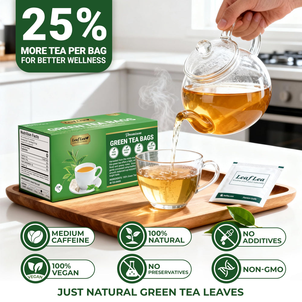 LeafLea tea bag brewing in cup with clear green-gold color and bright taste