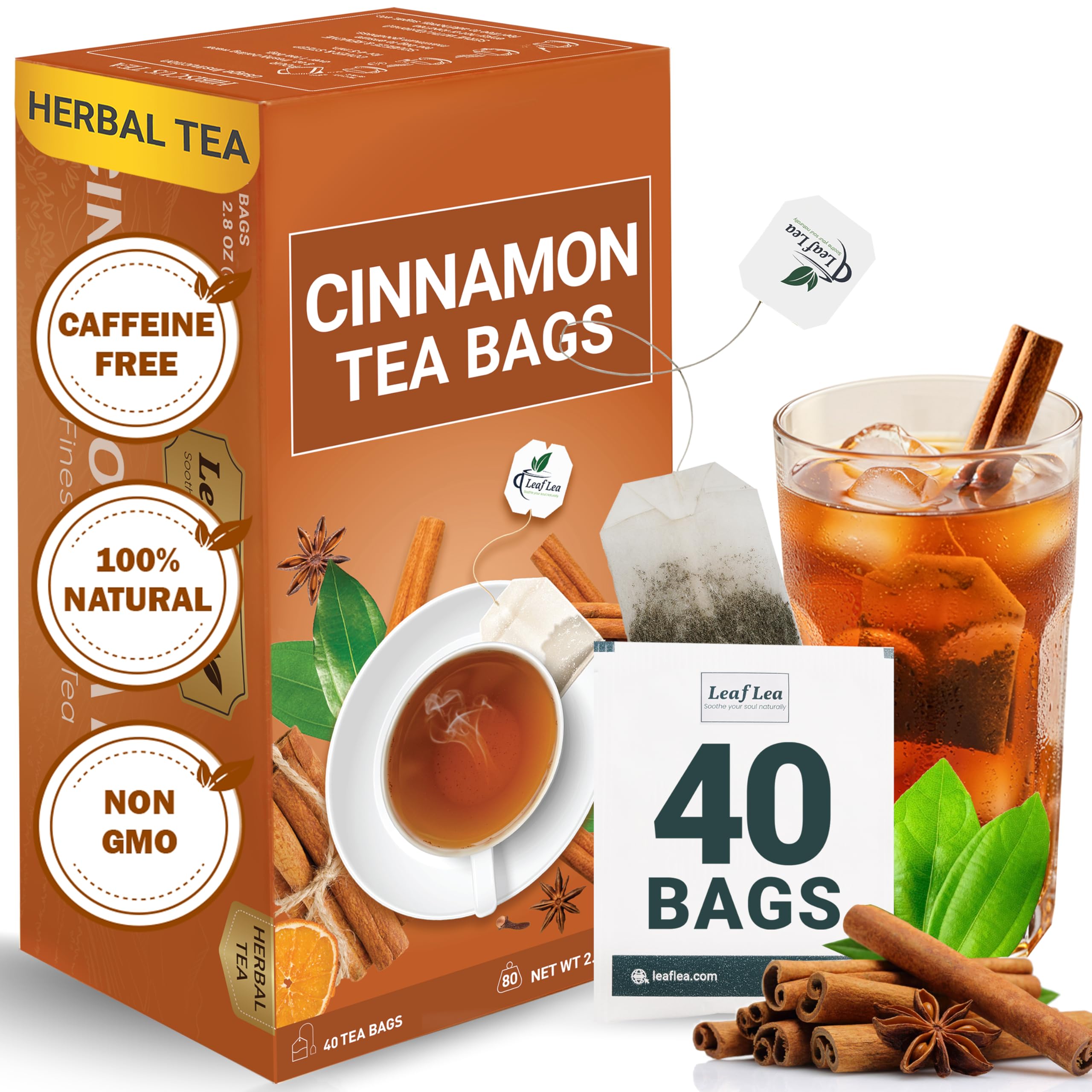 LeafLea front box showing 40-count cinnamon tea, convenient freshness