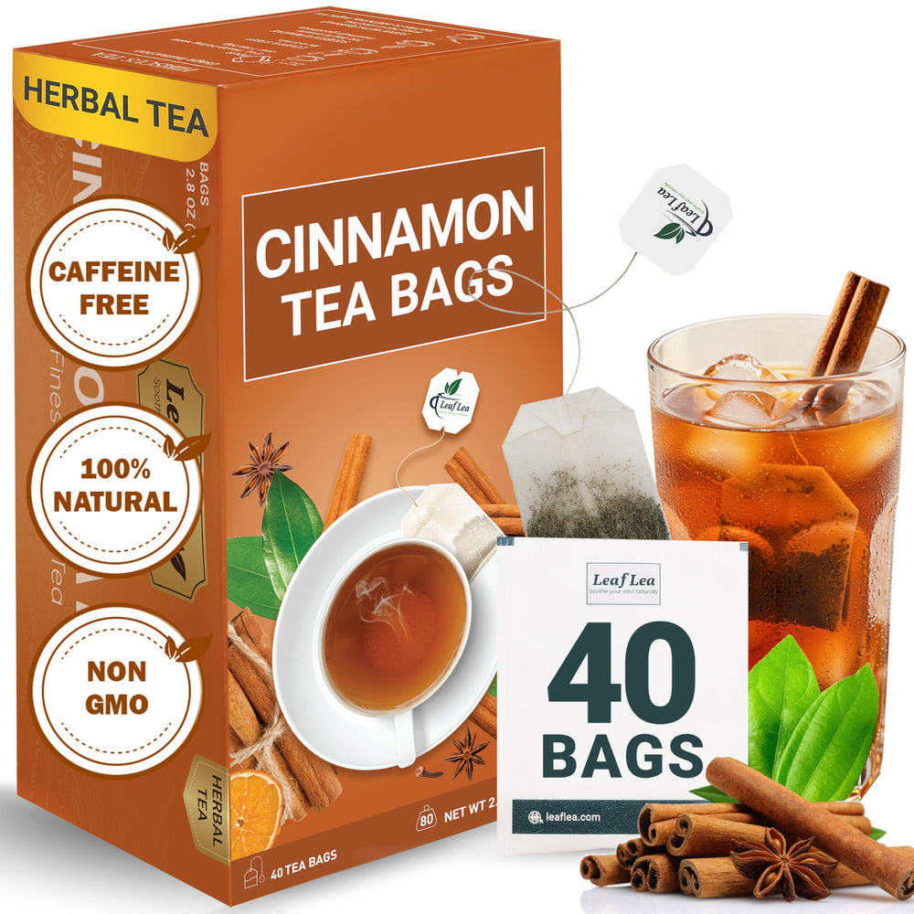 LeafLea front box showing 40-count cinnamon tea, convenient freshness
