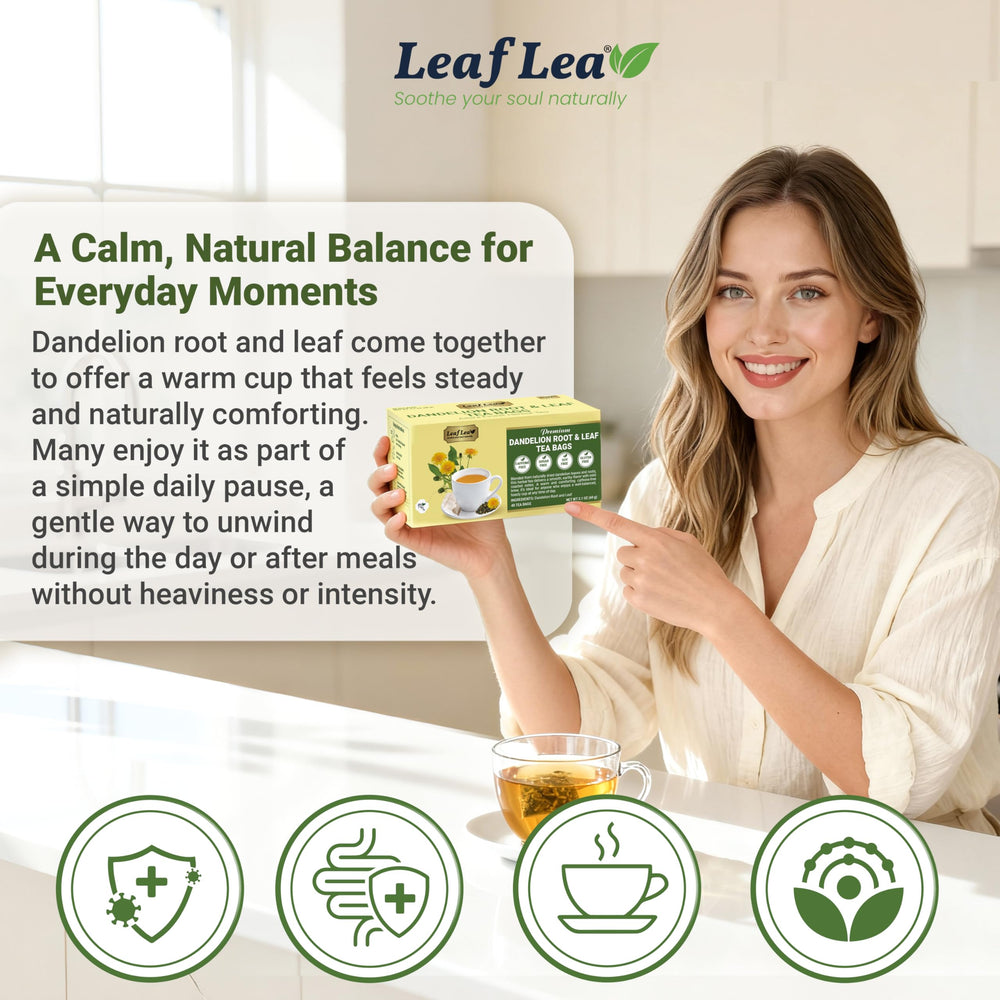 LeafLea dried dandelion leaf detail showing quality and earthy flavor benefit