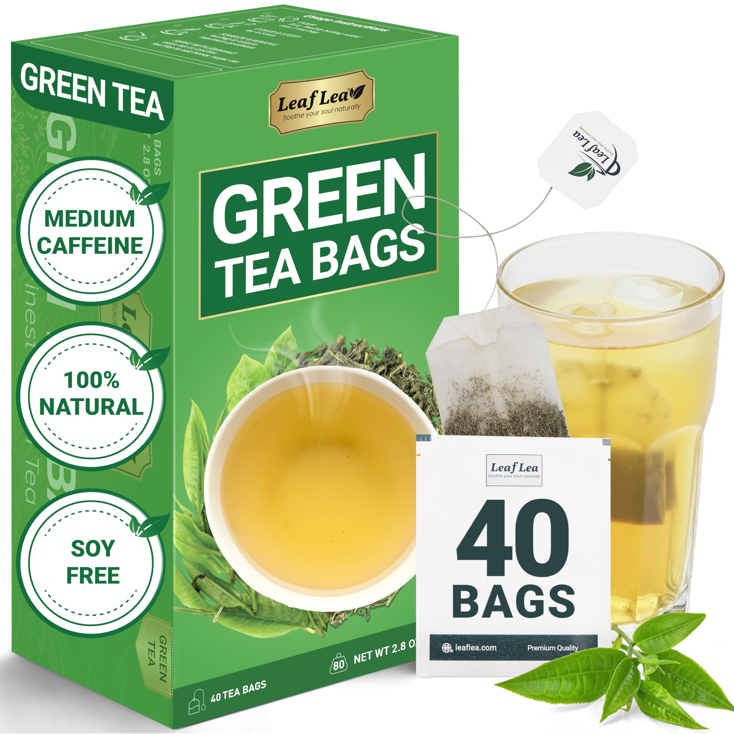 LeafLea front box showing packaging and 40-count quantity for fresh tea