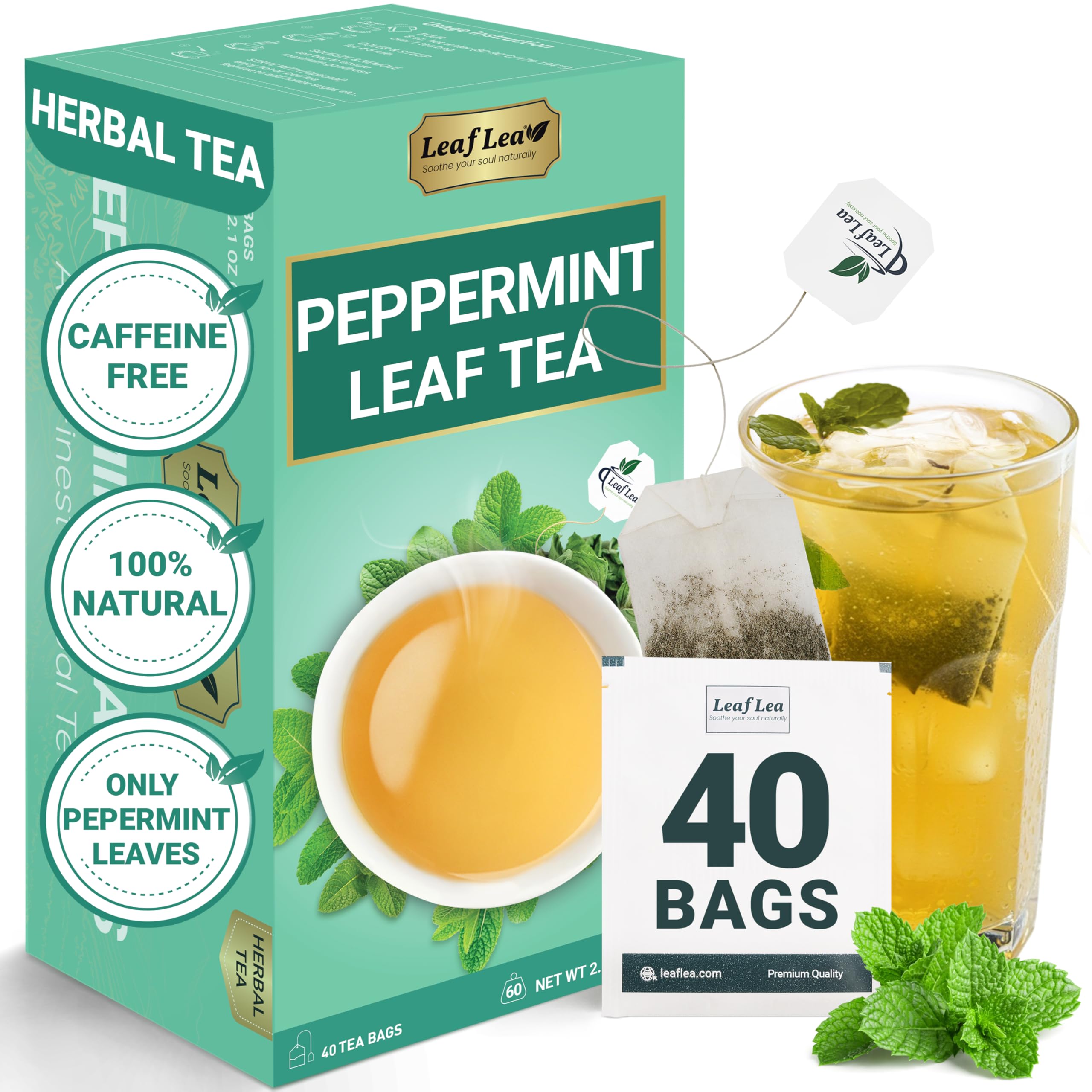 LeafLea front box showing 40 count and clean peppermint packaging benefit