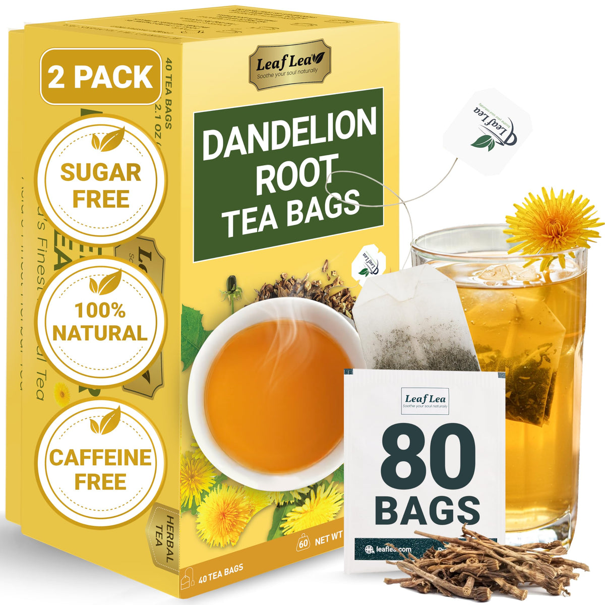 LeafLea front packaging showing 80 dandelion tea bags and freshness benefit