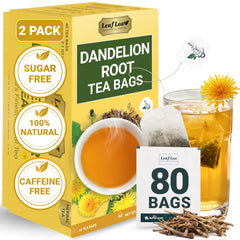 LeafLea front packaging showing 80 dandelion tea bags and freshness benefit