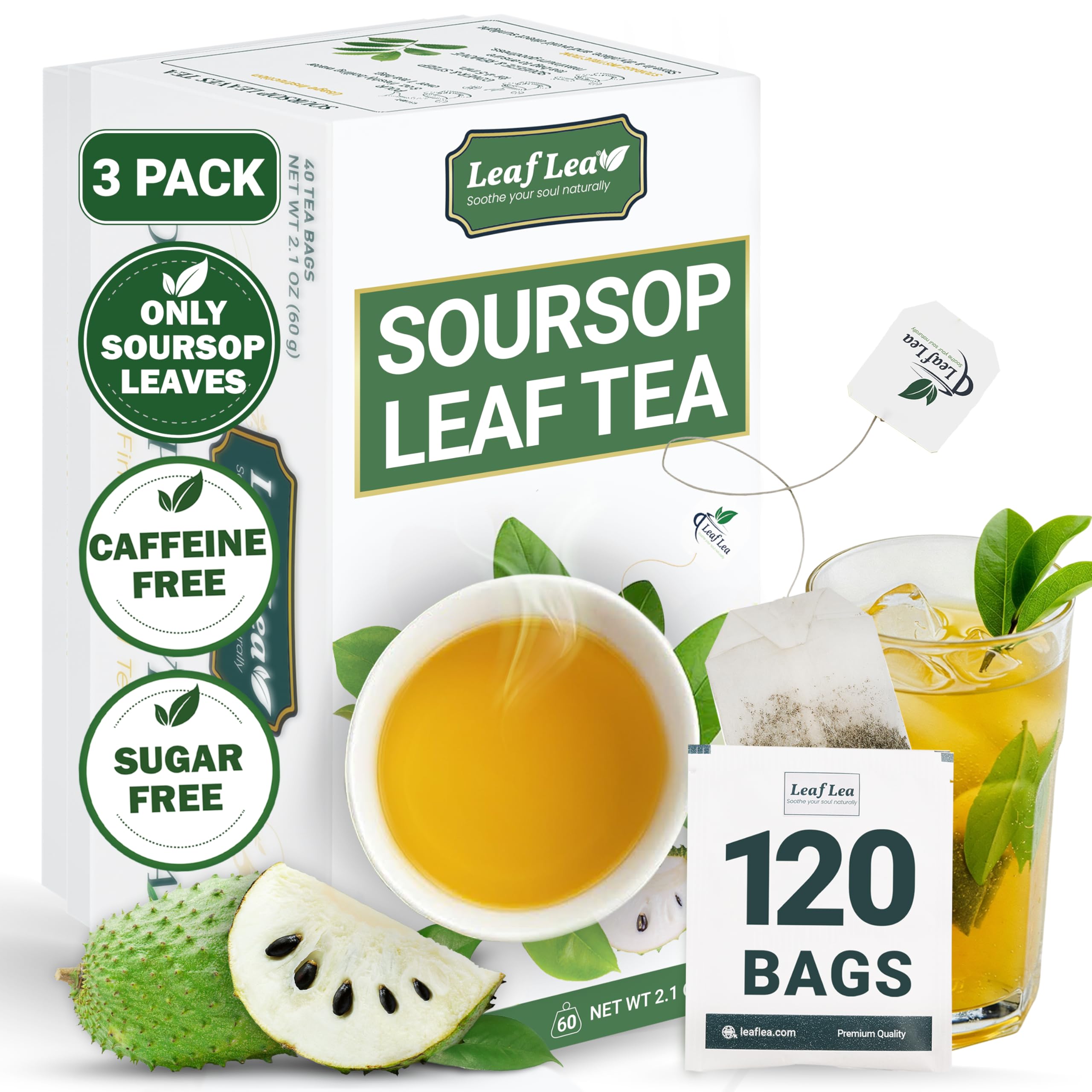 LeafLea front packaging showing 120 soursop tea bags and clear product benefit