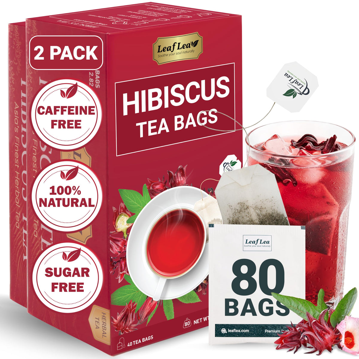 LeafLea front packaging showing 80-count hibiscus tea for convenience