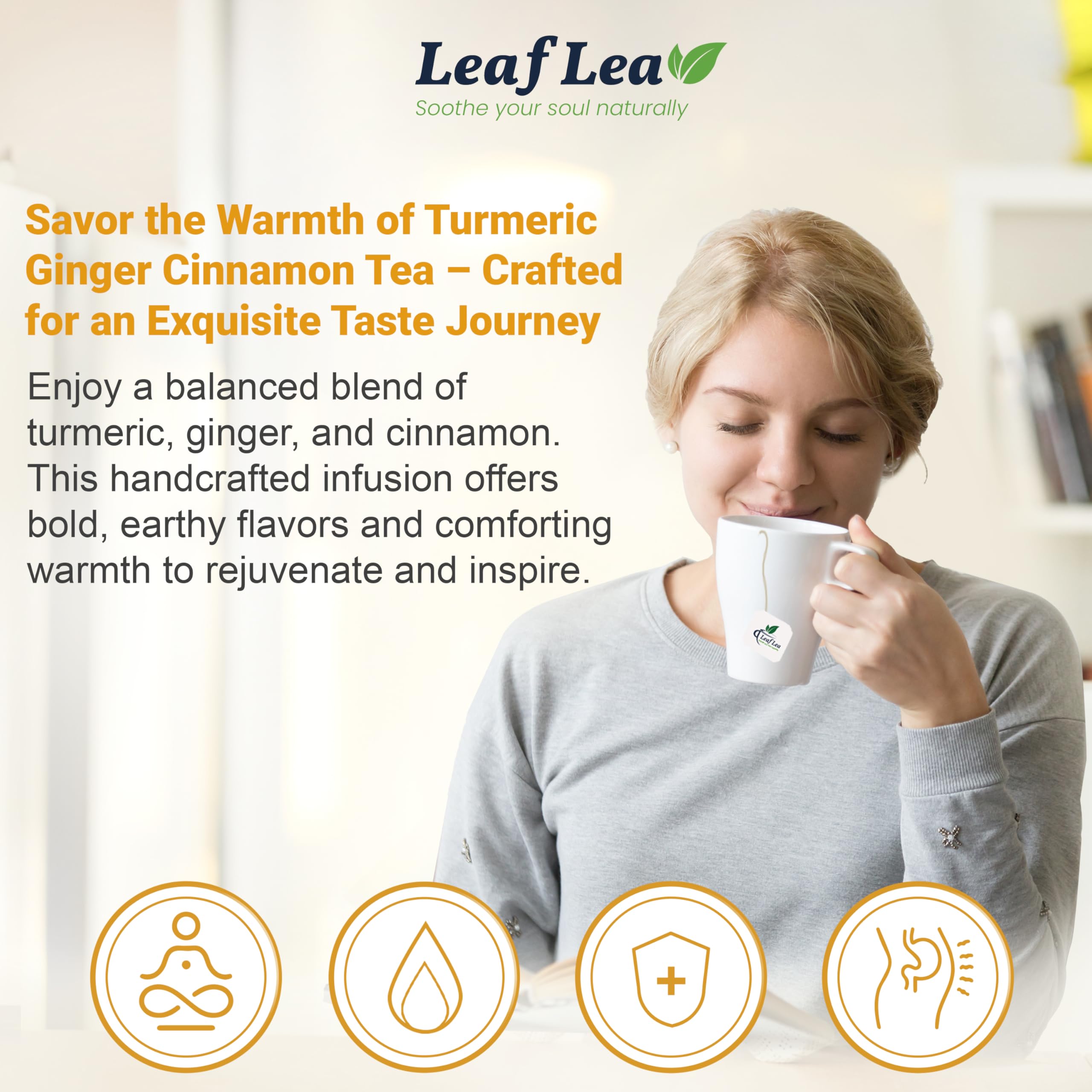 LeafLea loose turmeric, ginger, and cinnamon blend detail illustrating natural ingredients
