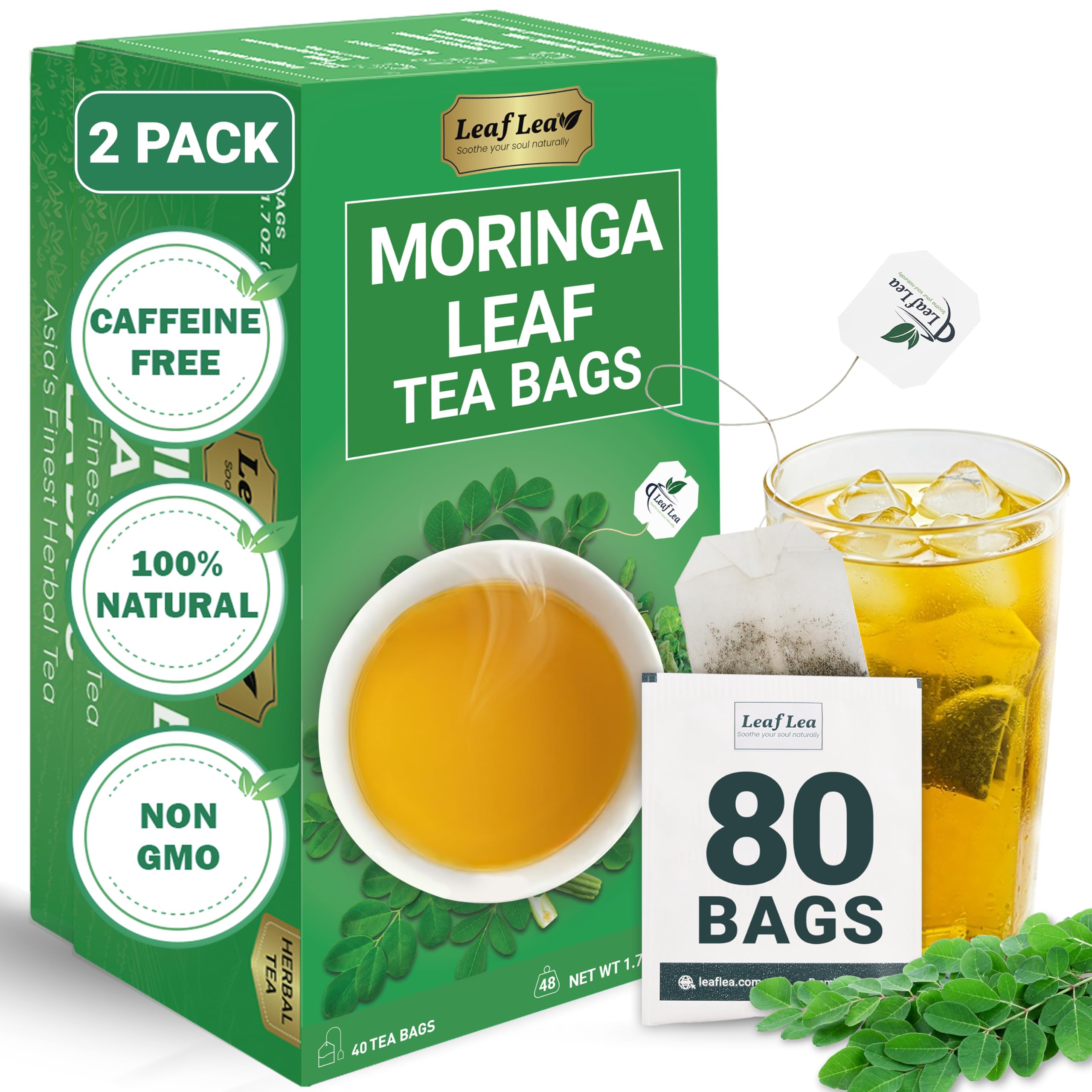 LeafLea front packaging showing two boxes and 80 tea bags for convenience