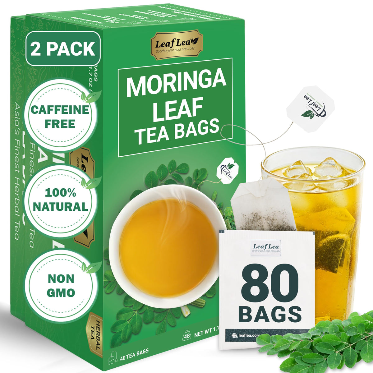 LeafLea front packaging showing two boxes and 80 tea bags for convenience