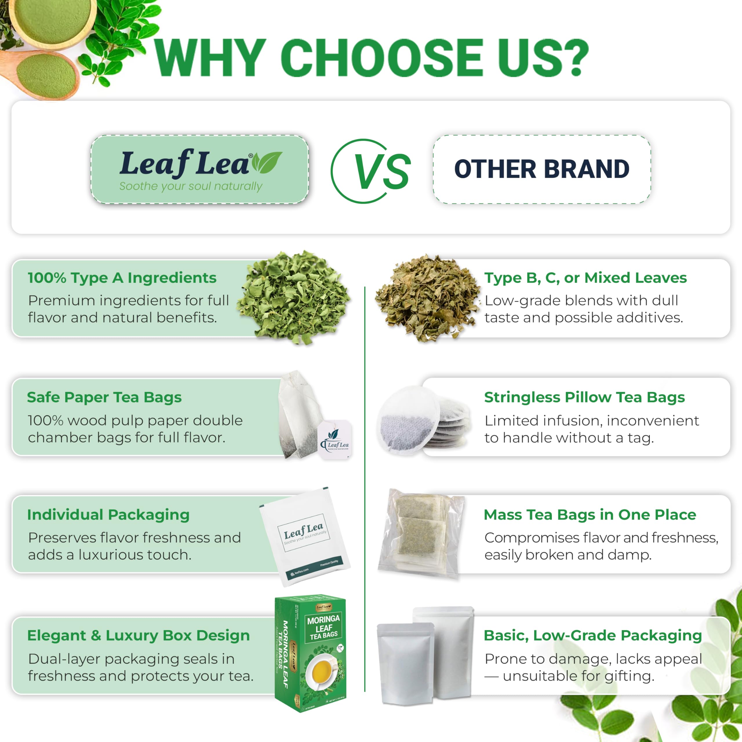 LeafLea iced moringa tea in a glass showing refreshing cold-brew option