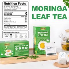 LeafLea open box with neatly packed individual moringa tea sachets for easy use