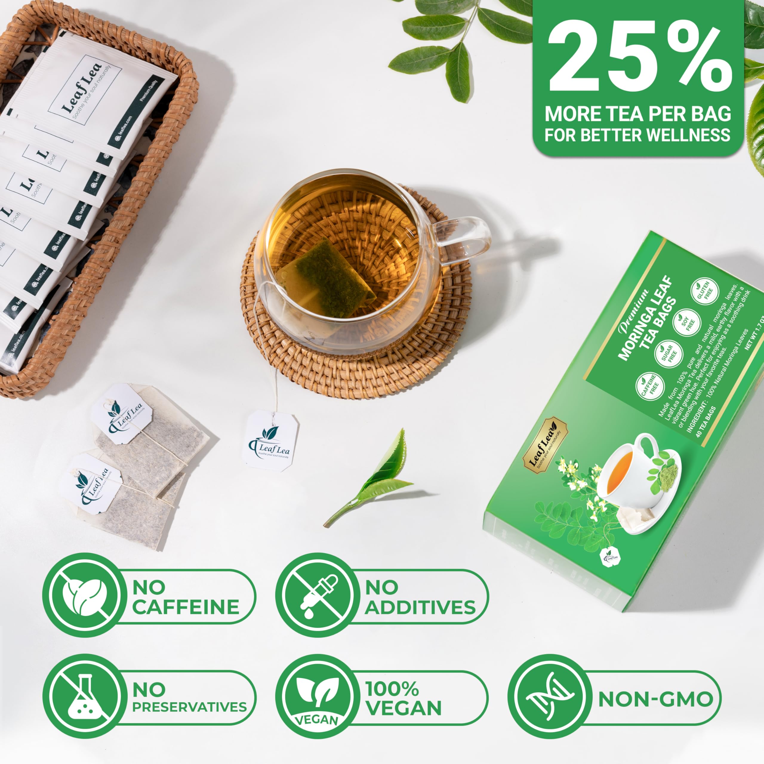 LeafLea tea bag next to hand to show scale and travel-friendly size