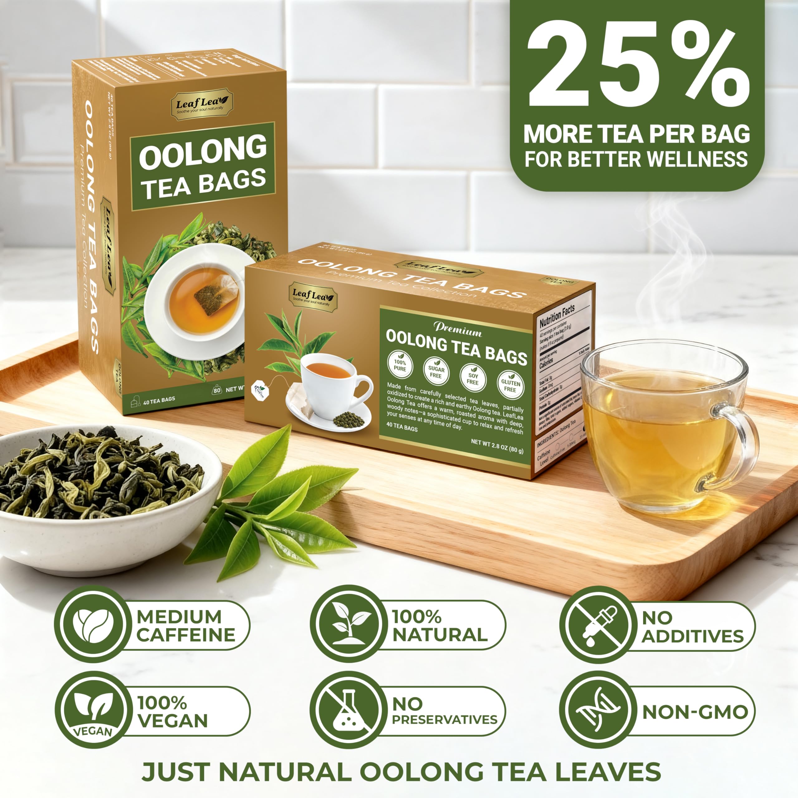 LeafLea box beside a teacup to show actual product size and portion benefit