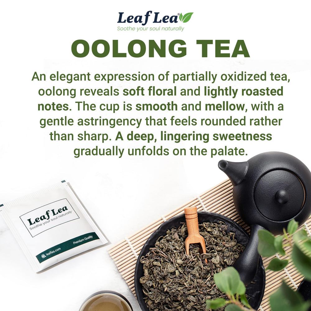 LeafLea tea bag close-up in paper filter showing whole-leaf content and clean steep