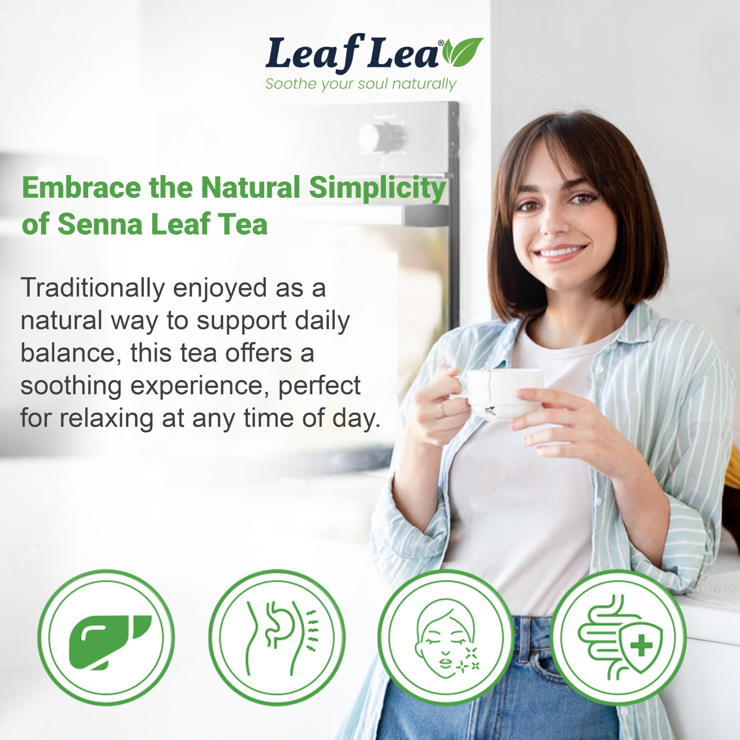 LeafLea brewed cup of senna tea showing pale golden color and calm aroma