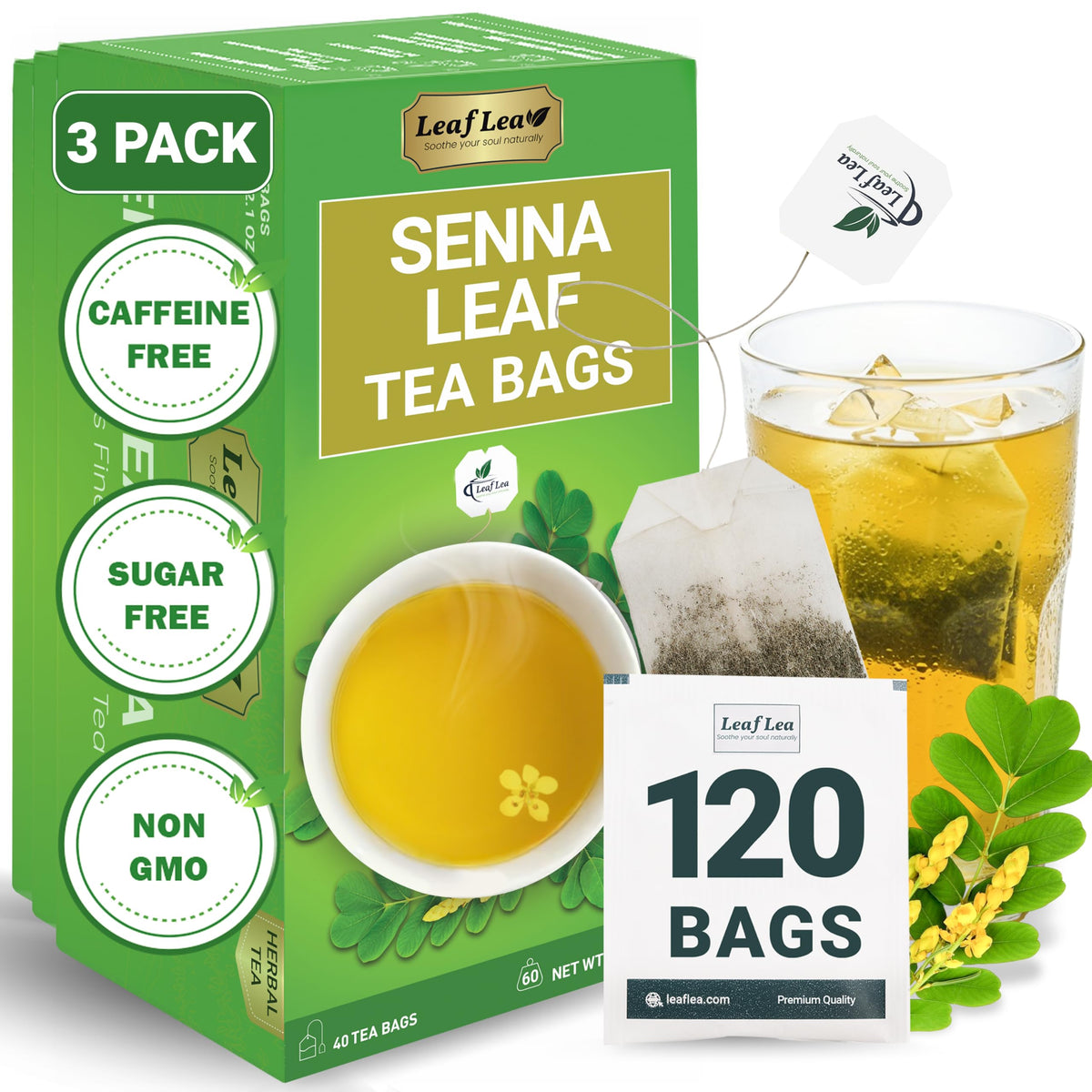 LeafLea front packaging showing three-box value pack and 120 count freshness