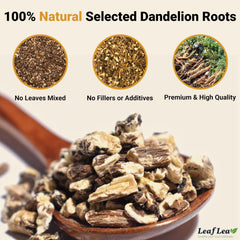 LeafLea close-up of ground dandelion root inside tea bag showing rich texture