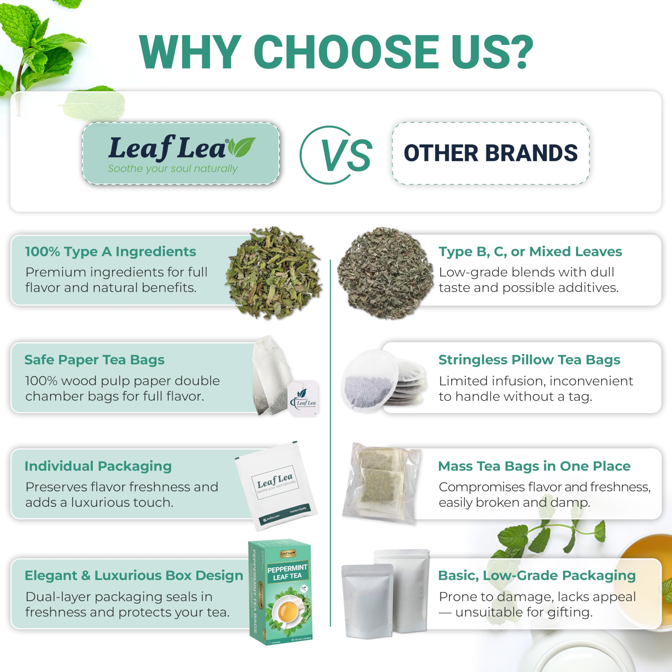 LeafLea tea bag in paper filter highlighting plastic-free brewing benefit