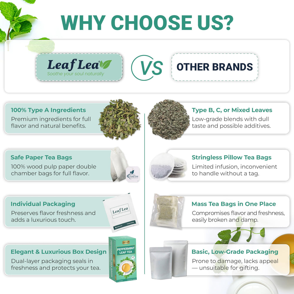 LeafLea tea bag in paper filter highlighting plastic-free brewing benefit