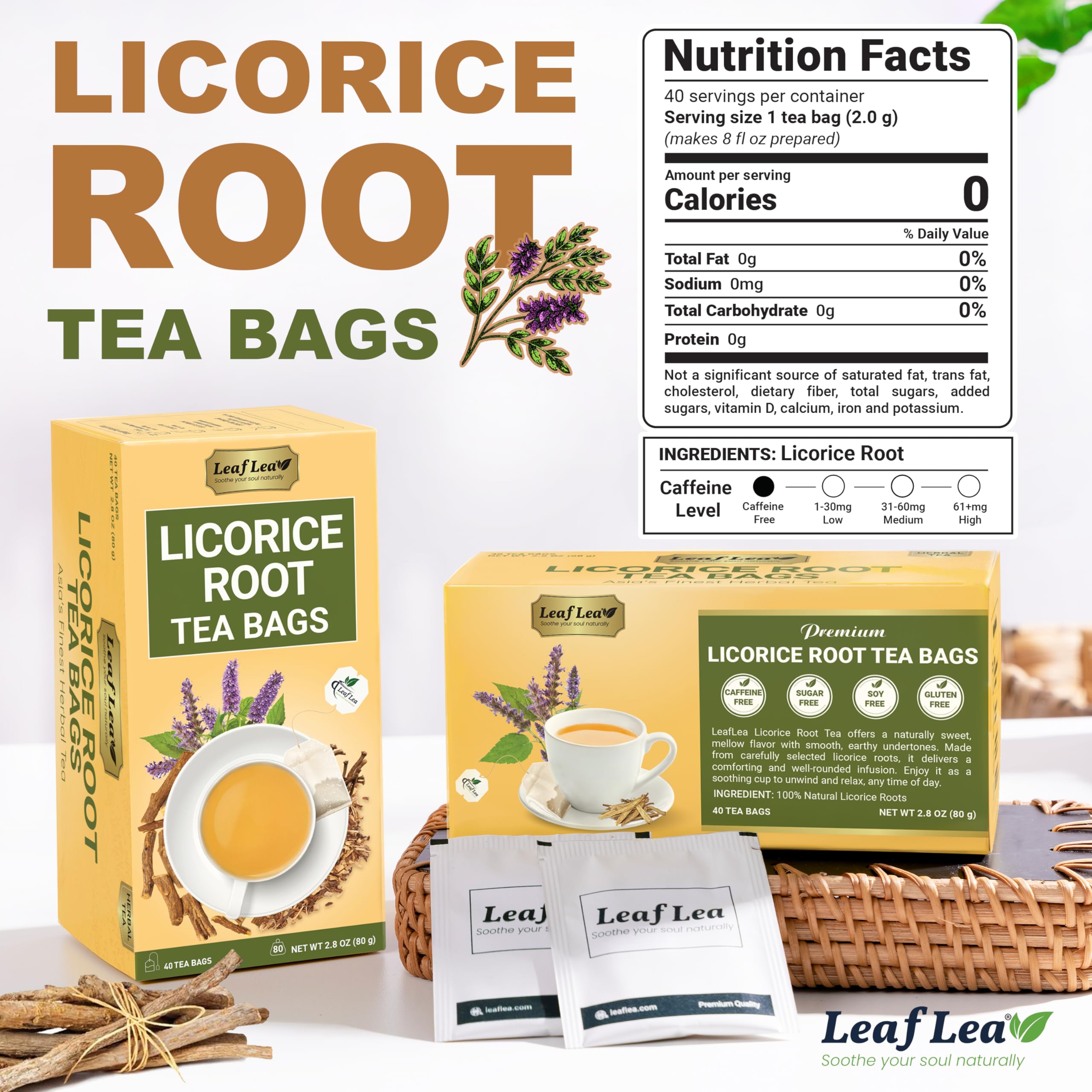 LeafLea tea bag steeping in a cup releasing natural sweetness and aroma