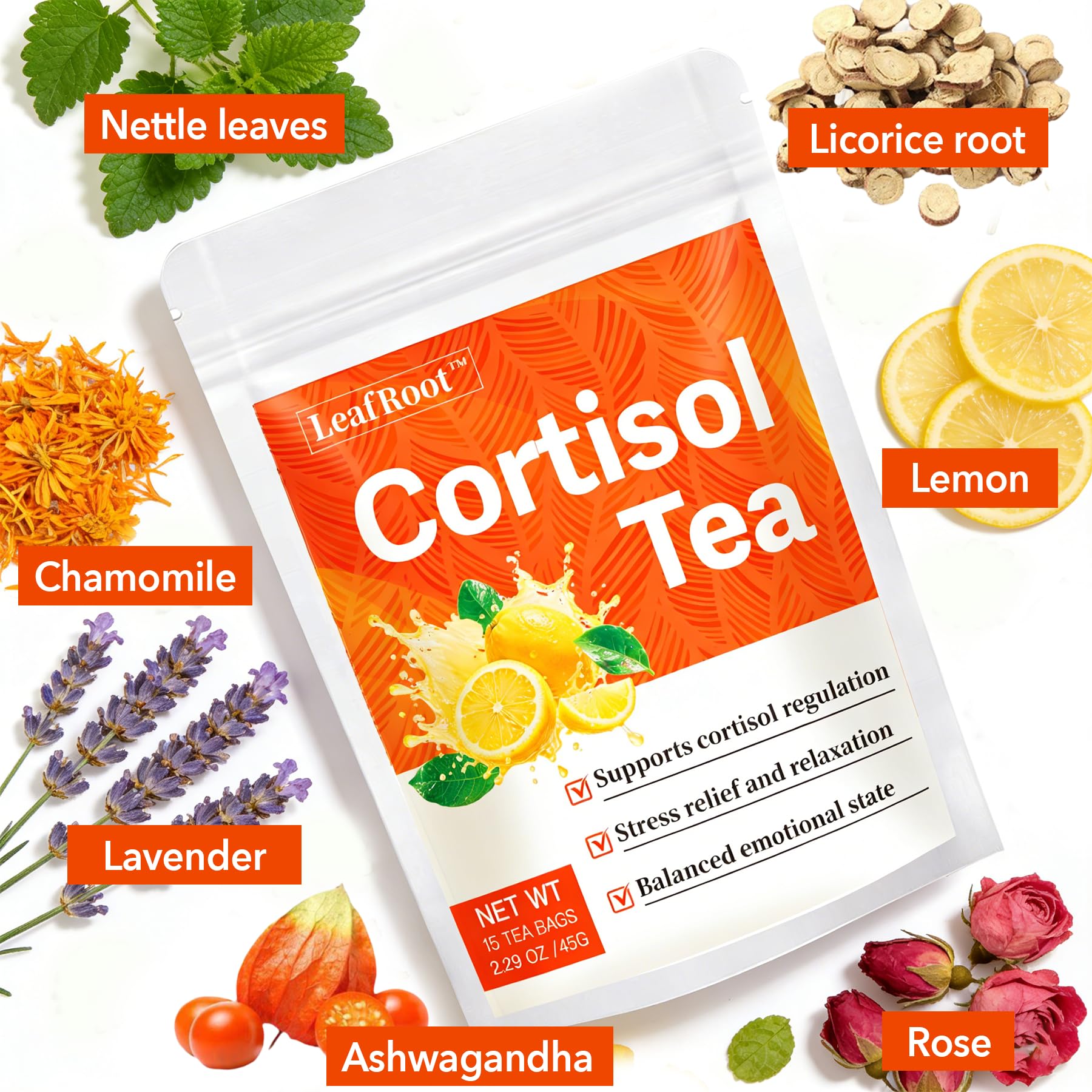 Leafroot teabag steeping in cup suggesting an easy calming ritual