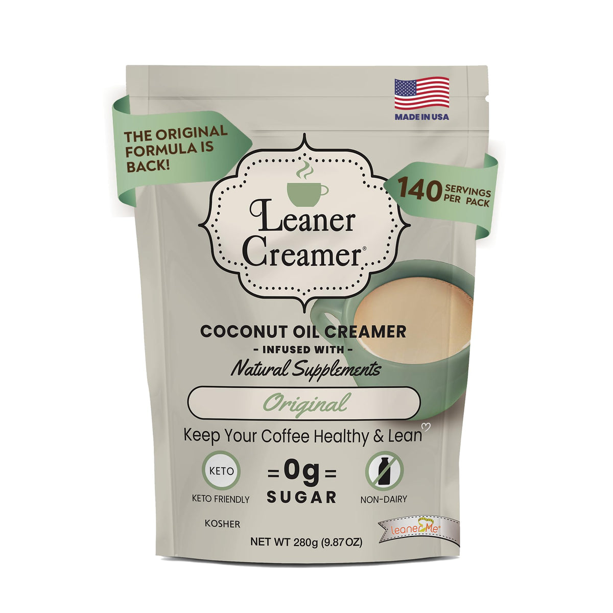 Leaner Creamer pouch front view showing product branding and refill size for convenience