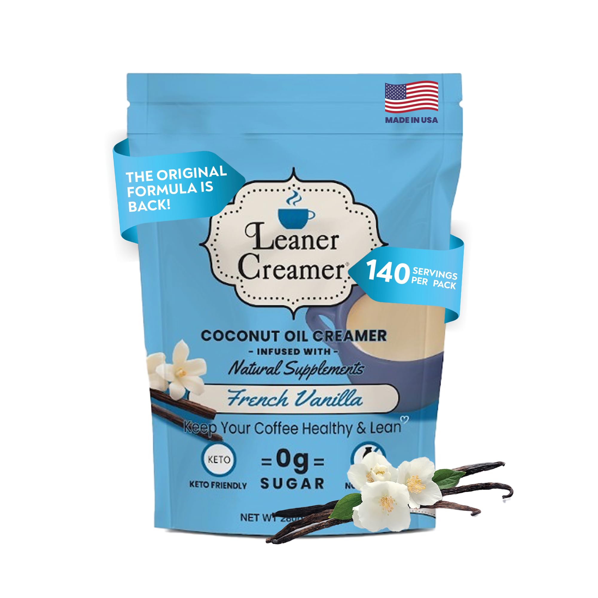 Leaner Creamer front packaging showing product and servings benefit