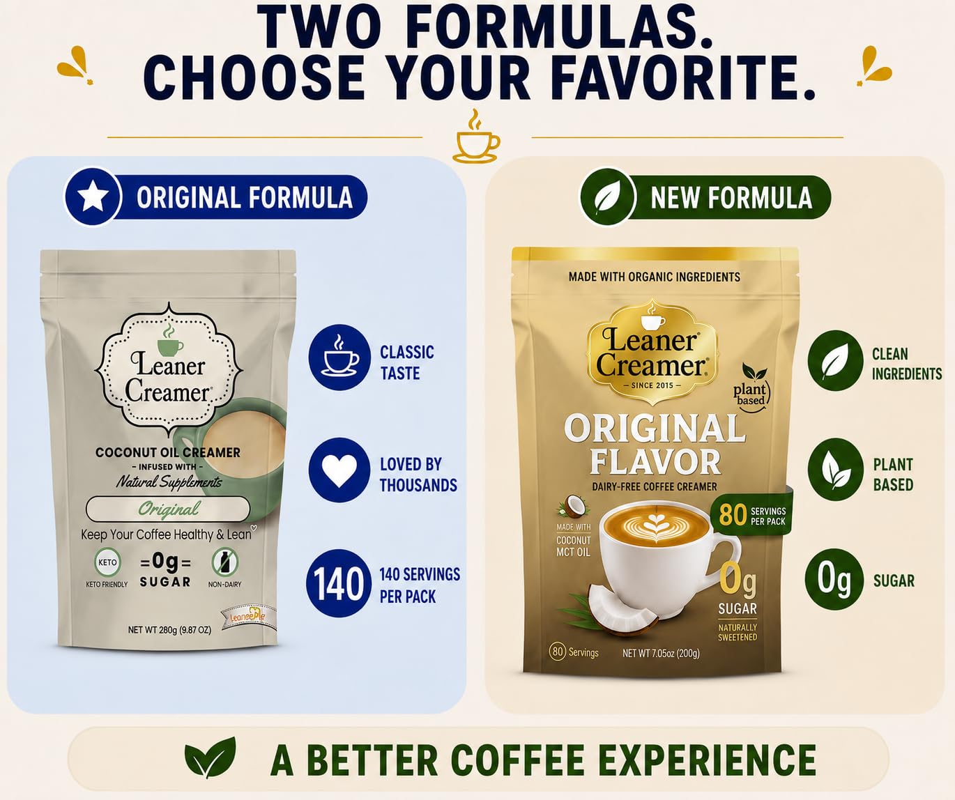 Spoon scooping Leaner Creamer powder demonstrating easy portioning and quick mixing