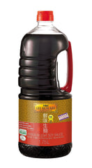 Lee Kum Kee bottle front label showing premium soy sauce and authentic brewing benefits