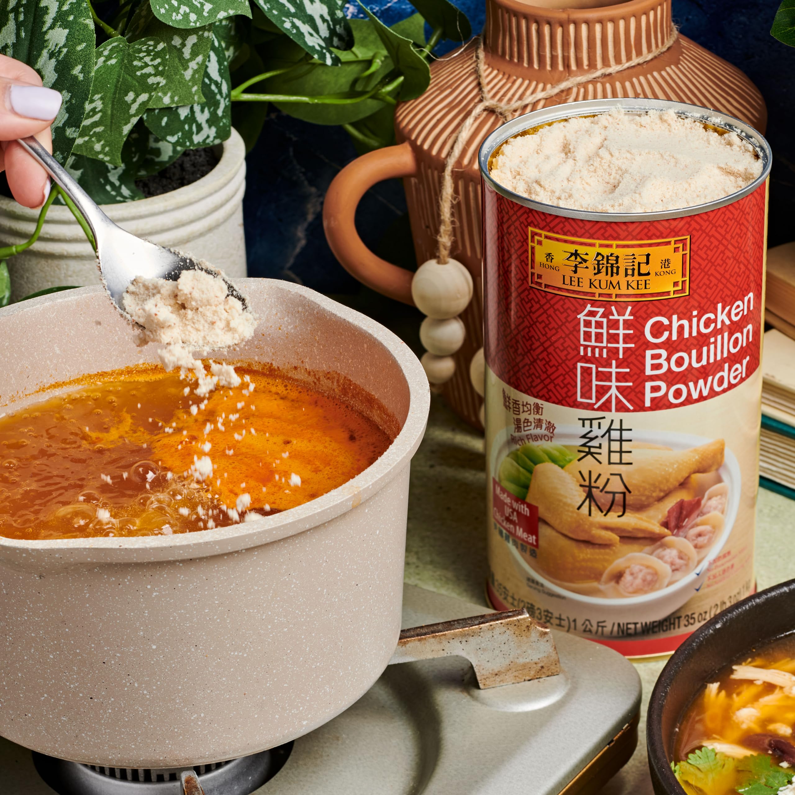 Lee Kum Kee size comparison beside common items demonstrating 35 oz value