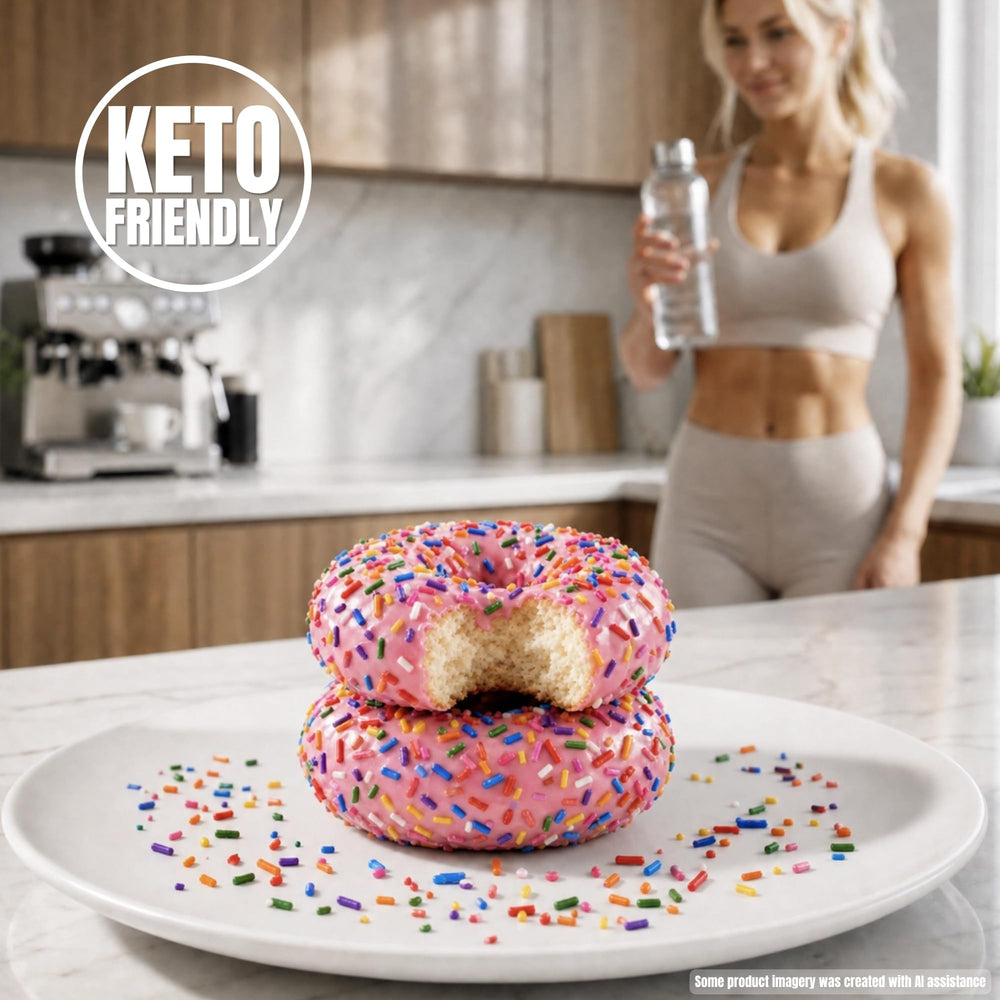 Legendary Foods donut next to coffee for balanced snack and quick fuel