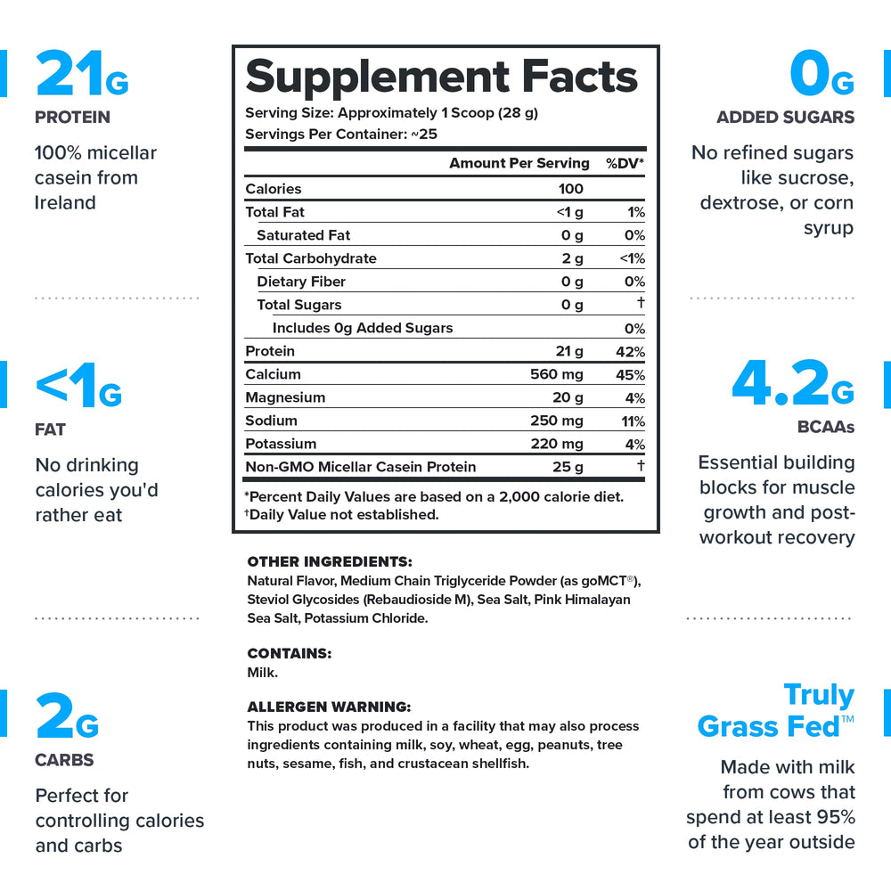 LEGION Casein+ powder texture with scoop highlighting smooth mixability and clean ingredients