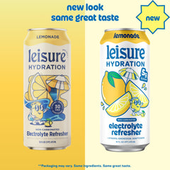 Leisure Lemonade can front view highlighting flavor and natural ingredients, refreshing hydration